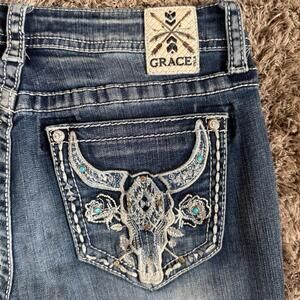 Grace in LA Women’s Western Steer Cow Head Embroidered Bootcut Stretch Jeans